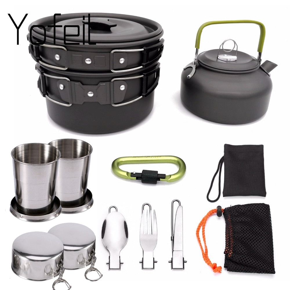 1 Set Outdoor Pots Pans Camping Cookware Picnic Cooking Set Non-stick Tableware  With Foldable Spoon Fork Knife Kettle Cup