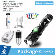 Load image into Gallery viewer, Ultra Bright LED Flashlight With XP-L V6 LED lamp beads Waterproof Torch Zoomable 4 lighting modes Multi-function USB charging
