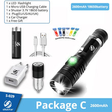 Load image into Gallery viewer, Ultra Bright LED Flashlight With XP-L V6 LED lamp beads Waterproof Torch Zoomable 4 lighting modes Multi-function USB charging
